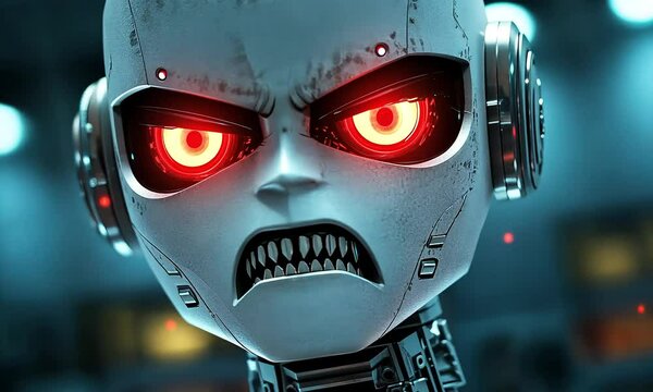 A robot's fierce and hostile expression intensifies the sense of danger, underscoring the potential risks of artificial intelligence.