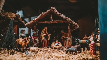 Classic Christmas nativity scene with Joseph, Mary, baby Christ in the manger, surrounded by animals and visitors, set against a warm holiday background, perfect for religious Christmas celebrations
