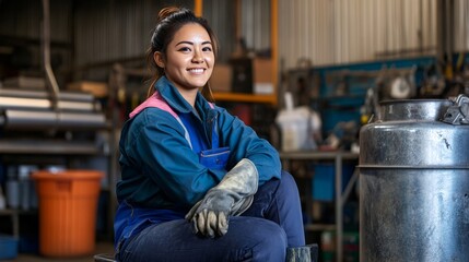 Asian Chinese female blue-collar welder in protective workwear smiling and looking away while sitting on a stool in a workshop garage. Skilled tradeswoman in industrial setting, focused on her craft