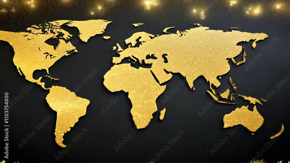 Poster Golden World Map on Dark Background Symbol of Global Connection and Unity, Showcasing Elegance and Sophistication Across Continents in Geography.