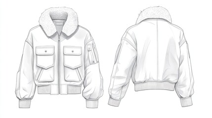Unisex winter bomber jacket illustration featuring fur collar, detailed flat technical drawings, with front and back views and pocket designs in white.