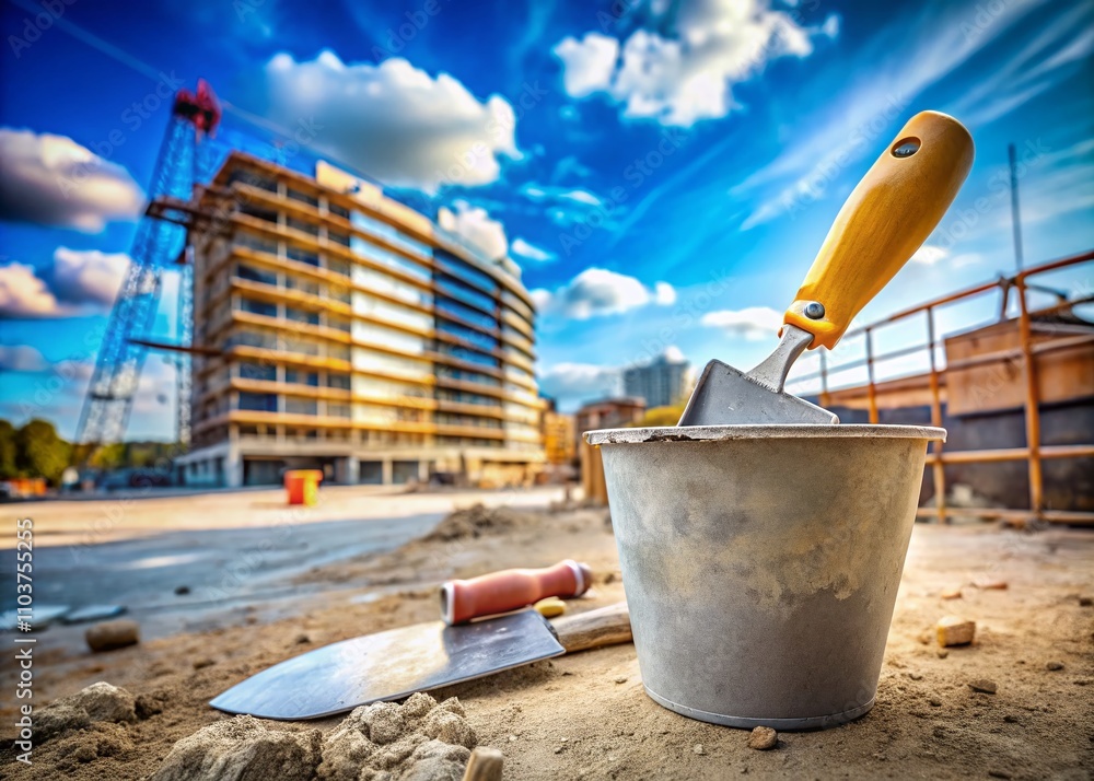 Poster panoramic view of construction tools: spatula and trowel resting on a bucket of adhesive for laying 