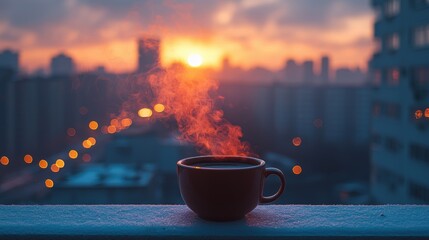 Close-up of a cup of coffee on the balcony and a blurred view of the sunset on the background of the city