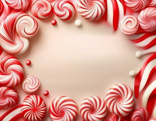 A whimsical display of candy canes and peppermints creates a festive border on a light wood background, perfect for holiday celebrations
