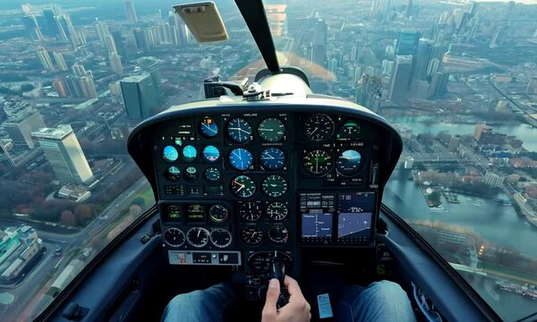 Over the Shoulder of Pilot Navigating Helicopter Controls Above Cityscape