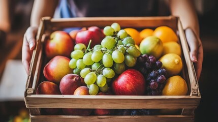 Female supermarket worker supplying fruit department with fresh produce, holding crate of fruits. Healthy food, grocery shopping, and retail concept in supermarket setting
