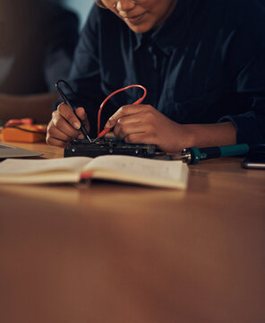 Update, electrical engineer and hands with tools, hardware and working in office, table and specialist. Digital, technician and maintenance for computer, repair and service for system and soldering