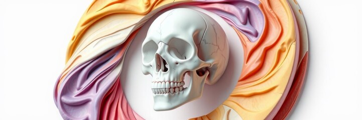 Abstract concept sculpture of white marble female figure with sliced cut head and skull upper part in vaporwave colors, white marble, vaporwave