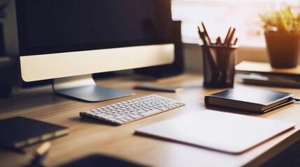 Modern Workspace Setup: Desk with Computer, Keyboard, and Notebook