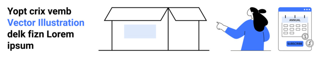 Woman pointing at a mobile calendar app, with a house-like package concept in the center and placeholder text on the left. Ideal for delivery services, logistics, online booking, planning, organizing