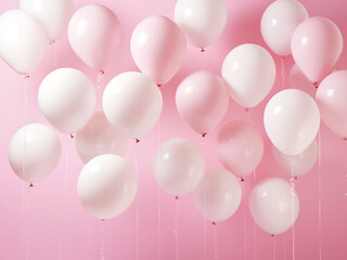 Many white and pink balloons against a soft white and pink background