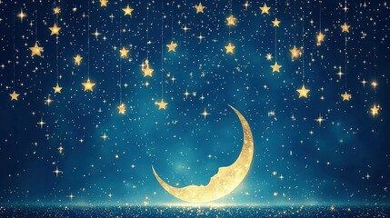 Naklejka premium A serene night sky filled with twinkling stars and a glowing crescent moon, creating a magical and tranquil atmosphere for dreaming and relaxation.