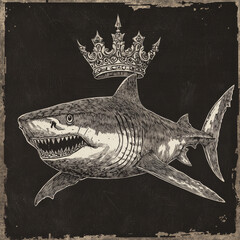 A tiger shark with a punk-style mane, crowned with a royal crown, symbolizing both fearlessness and royalty. The scratchboard-style engraving emphasizes the sharpness of the shark's body and the regal