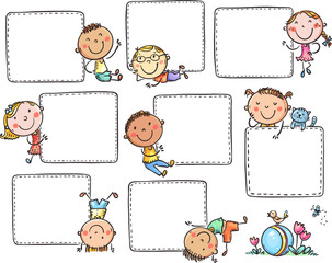 Set of children holding blank note papers, cute cartoon kids with placarts, your text here, blank signs, paper template, vector illustration