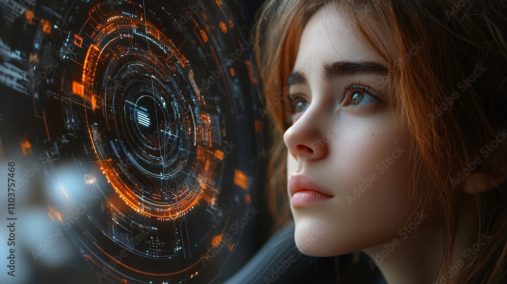 Aufkleber a female it specialist troubleshooting complex systems with a futuristic holographic interface stock