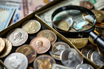 Collection of rare and valuable golden silver currency coins ai generative