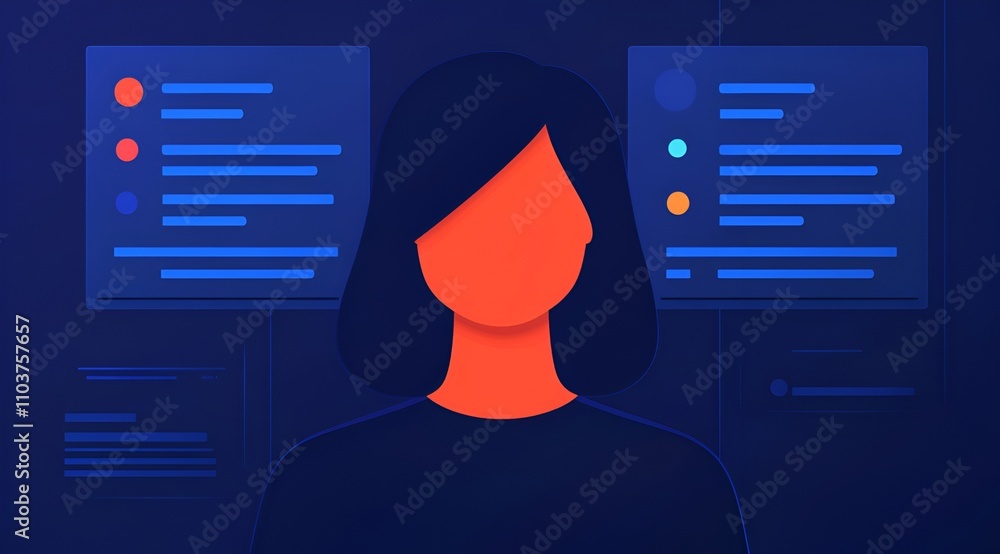 Poster a stylized illustration of a person with a simplified face, set against a dark background featuring 