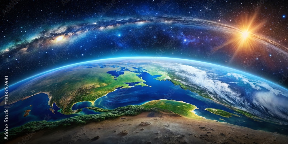 Poster panoramic view of planet earth surrounded by stars and galaxy in outer space with a rule of thirds c