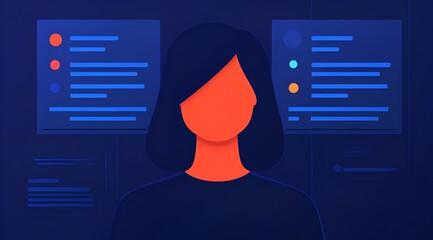 A stylized illustration of a person with a simplified face, set against a dark background featuring colorful digital interfaces and text.