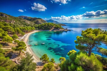 Panoramic View of the Stunning Mikro Seitani Beach on the Aegean Island of Samos, Showcasing Crystal Clear Waters and Lush Greenery Under a Bright Blue Sky