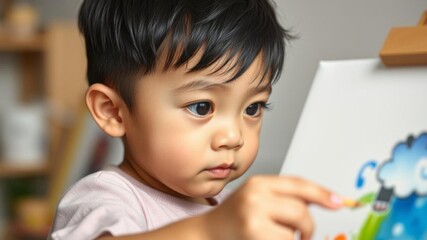 Asian boy painting on canvas during art class, focus on child's eye, home school concept, art class, focus