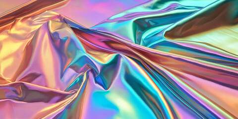 Iridescent foil texture with soft folds and smooth transitions between rainbow hues. The metallic finish emphasizes depth and reflects light dynamically.