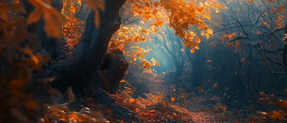 Enchanting Autumn Forest Pathway: Golden Leaves, Soft Light, and Tranquil Nature Scene for Serene Landscapes or Nature-Focused Projects
