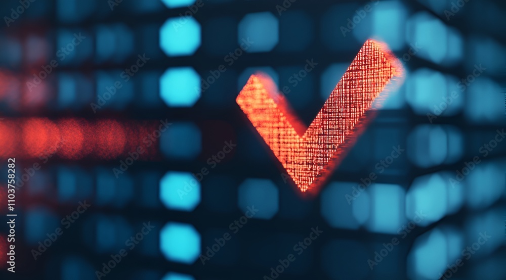 Poster a glowing checkmark appears against a digital backdrop, symbolizing success, validation, and approva