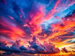 Naklejka premium Panoramic View of Vibrant Sunset Clouds with Rose, Scarlet, and Blue Tints, Perfect for Collages and Illustrations in a Natural Atmospheric Environment