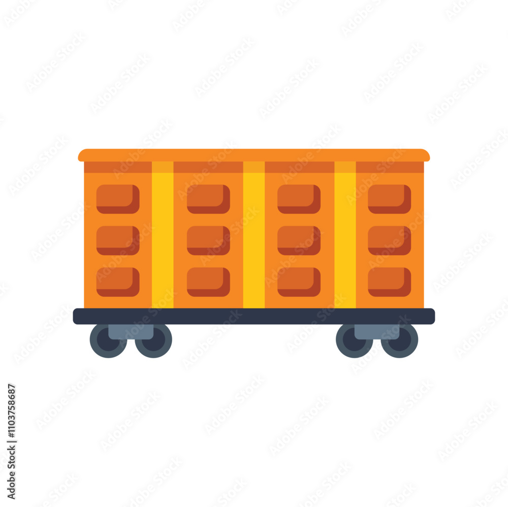 Poster empty orange cargo wagon standing on rails, ready for loading and transportation of various goods