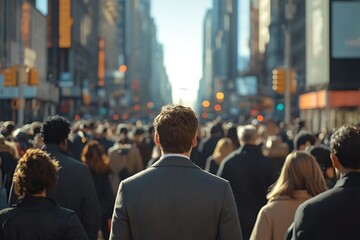 Obraz premium Anonymous Businessman Rush Hour Back View in Bright Sunlight