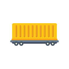 Yellow cargo container being transported on a platform railway wagon, shipping and logistics concept in flat design