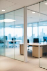Blurred modern office space,met room and open workstations that convey professionalism and tranquility.
