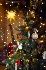 Christmas composition with Christmas tree, guitar and star. Christmas in retro style. Vintage decoration.