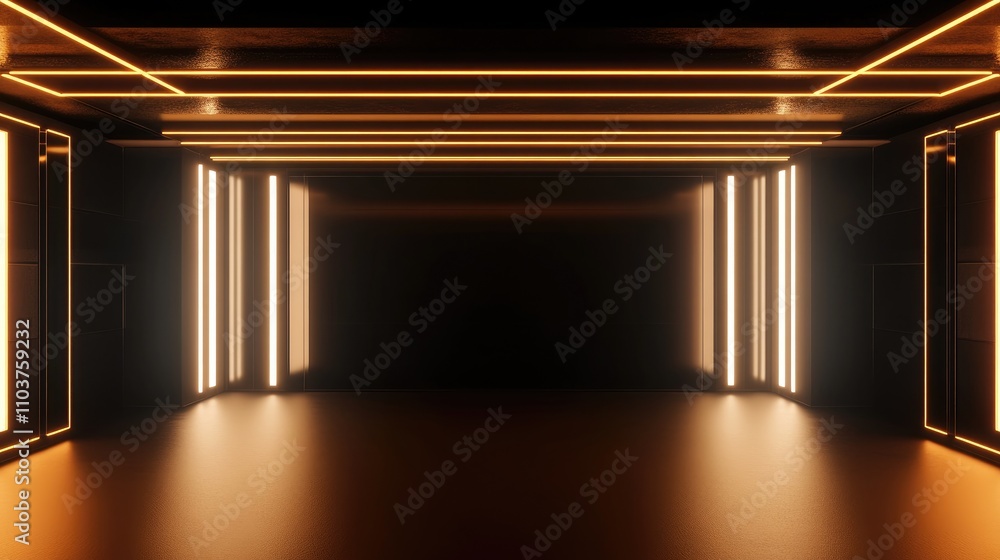 Aufkleber Futuristic 3D rendering of a minimal neon geometric space with glowing rectangular shapes and laser light displays, featuring ample dark copy space.