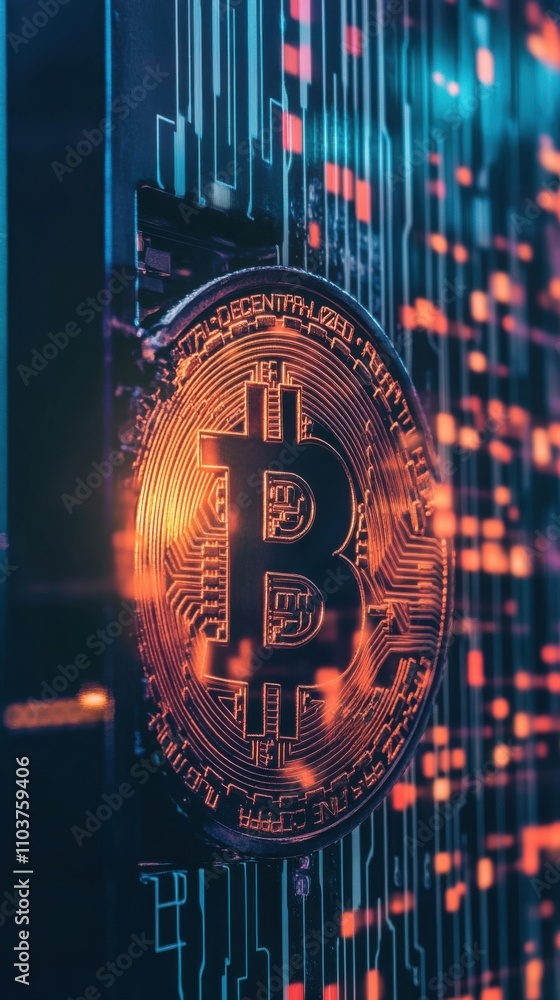 Poster close-up of a bitcoin on a circuit board with glowing lights, representing cryptocurrency and techno