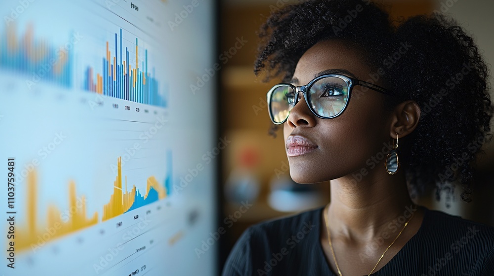 Poster A woman examining data trends on a large interactive screen in a high-tech business setting Stock Photo with side copy space