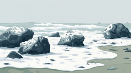 Fototapeta premium A serene beach scene featuring rocks and gentle waves.