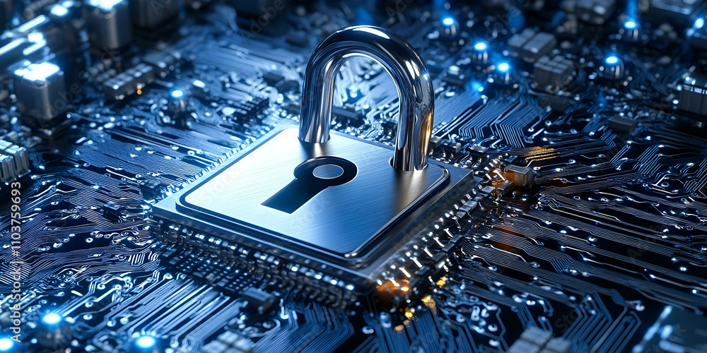 Poster digital security. padlock secures circuit board