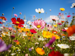 Fototapeta premium Colorful wildflowers in a field under sunshine with a blue sky in the background