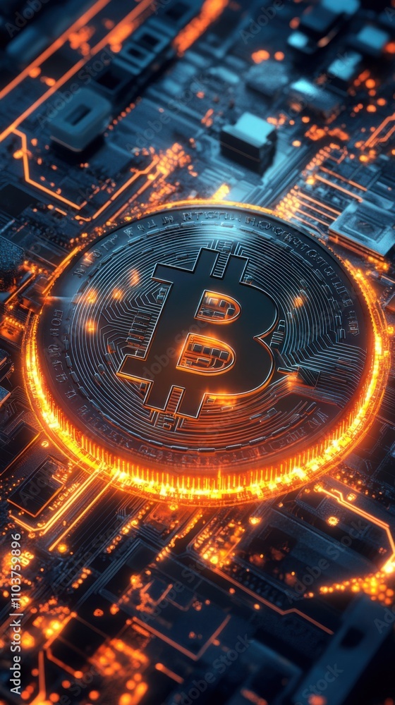 Poster close-up of a bitcoin on a circuit board with glowing lights, representing cryptocurrency and techno