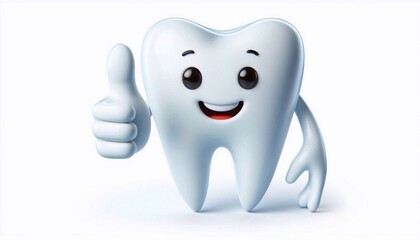 Smiling 3D tooth showing thumb up on white background, dental care and hygiene concept