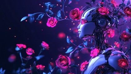 Fototapeta premium A futuristic robot entwined in holographic vines represents the fusion of technology and romance, celebrating innovation love in Valentine's.