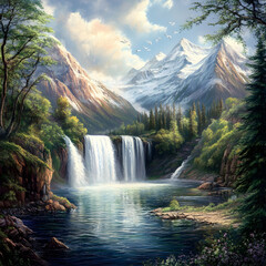 Fototapeta premium Mountain Waterfall Landscape Painting