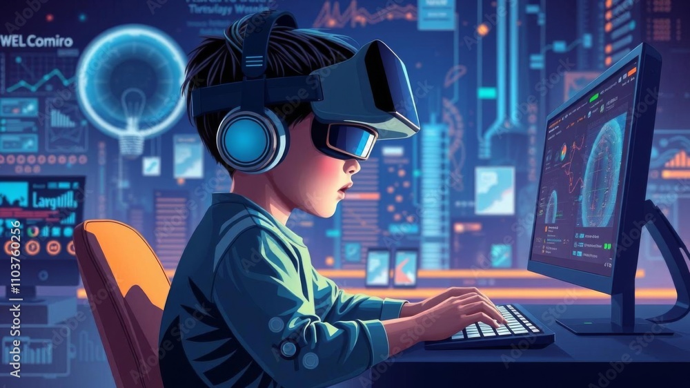 Poster child sitting in front of a computer screen mesmerized by a colorful digital interface illustration,