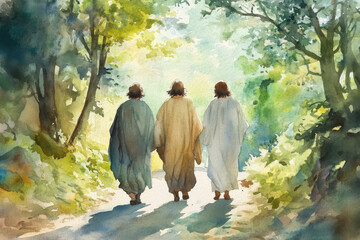 Jesus walking on the road to Emmaus with two disciples, sharing insights and peace. The watercolor uses soft greens, blues, and browns to convey revelation, divine presence, and fellowship.
