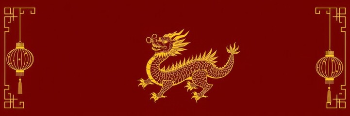 Fototapeta premium Chinese New Year dragon line art featuring intricate details and flowing lines, festival, gold