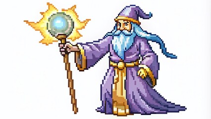 Obraz premium Pixel Art Wizard with Magic Staff and Glowing Orb Isolated on White Background for Fantasy, Gaming, and Creative Projects