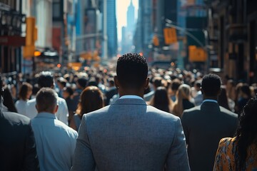 Fototapeta premium Anonymous Businessman Walking Through Sunny Urban Crowd