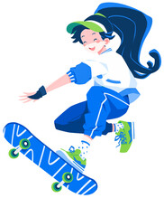 A girl is skateboarding outdoors in a tracksuit